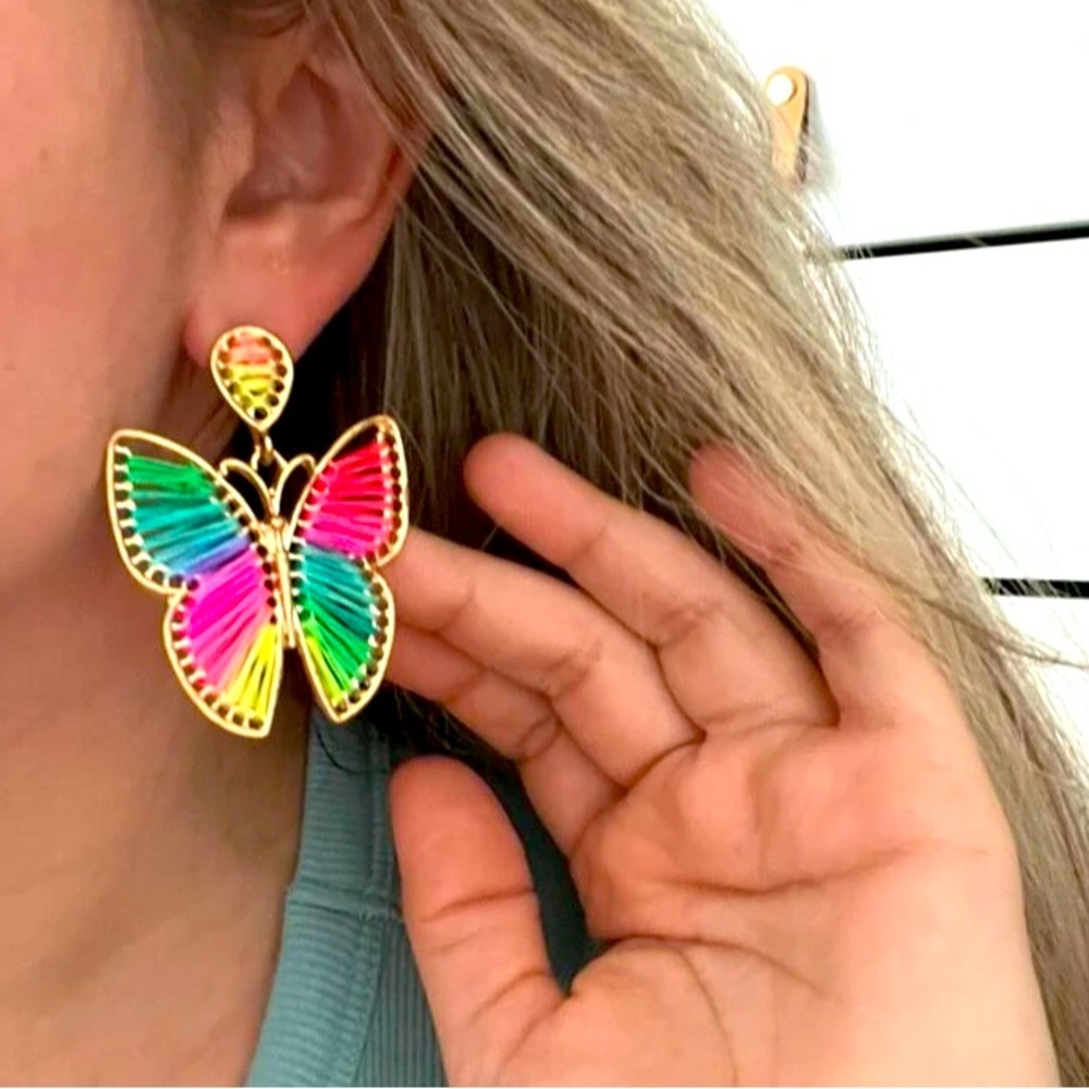 Vibrantly Fun🌈⭐️🦋Neon Bright Rainbow Butterfly Hand Woven Statement Earr… - Picture 7 of 7